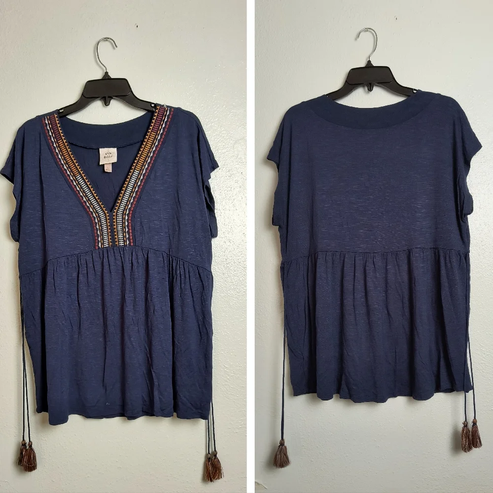 Knox Rose Tunic Top Blouse Women's Large L Navy Boho Tassel